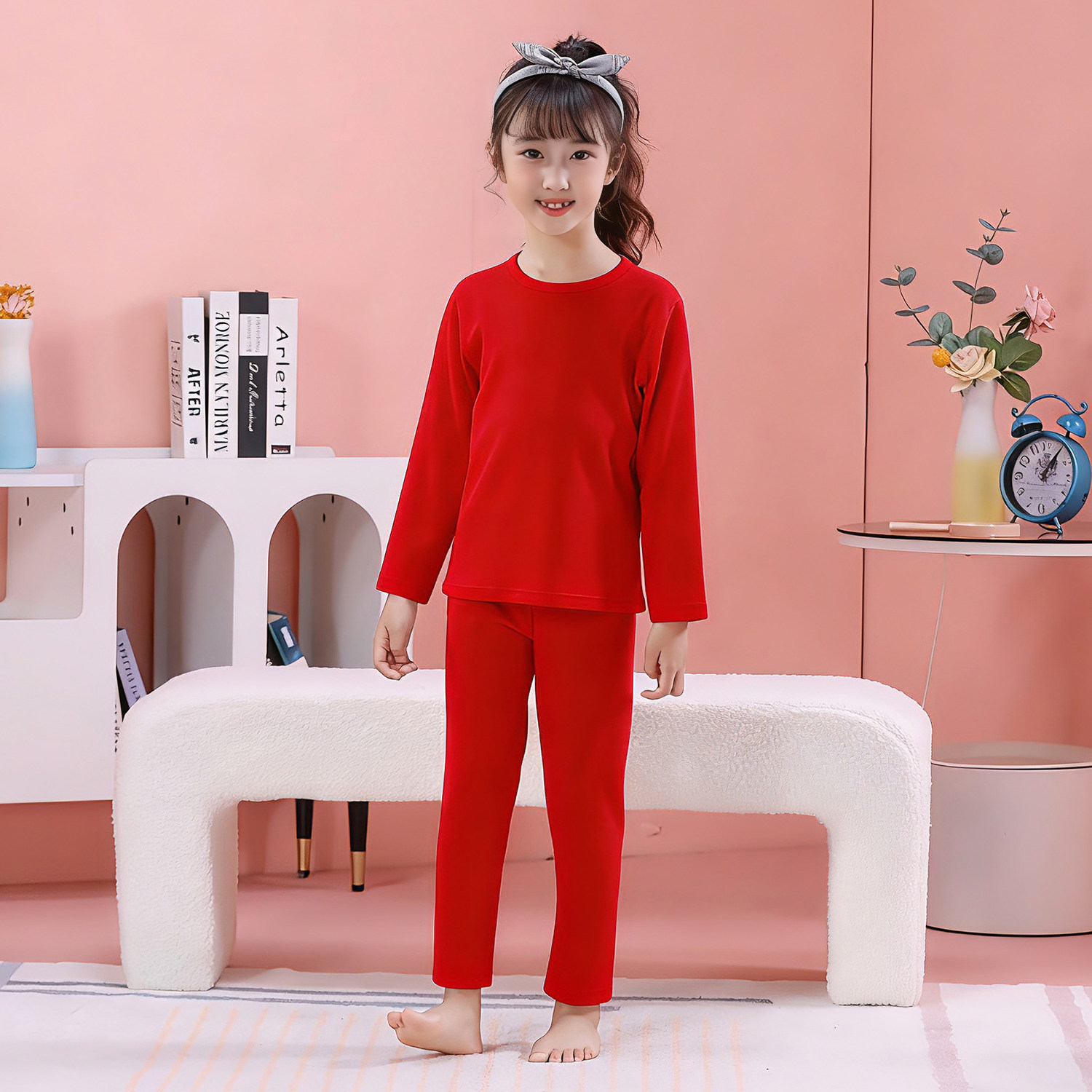 2026新年女童红色保暖内衣套装纯棉马年儿童秋衣秋裤小女孩线衣裤