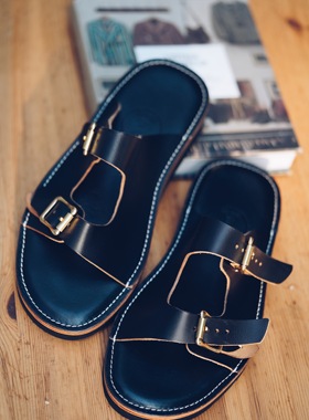 岩屋手造美国霍尔文HORWEEN牛皮凉鞋休闲透气皮拖鞋黑色那男鞋