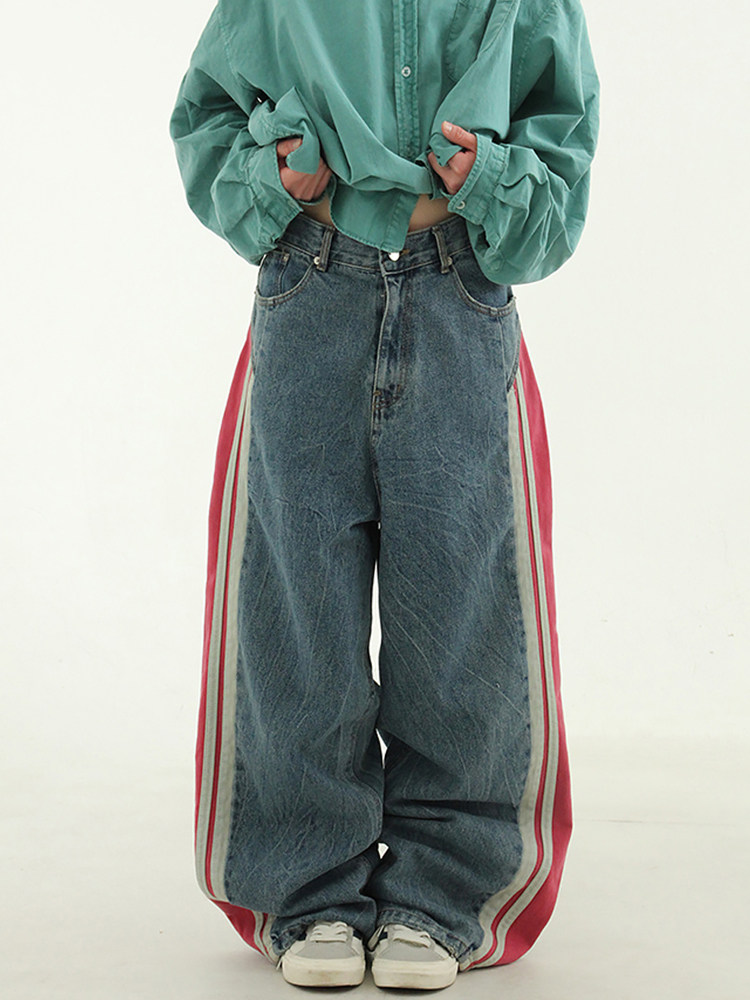 韩国代购24S/S red line track wide jean 侧边线条拼接牛仔裤女
