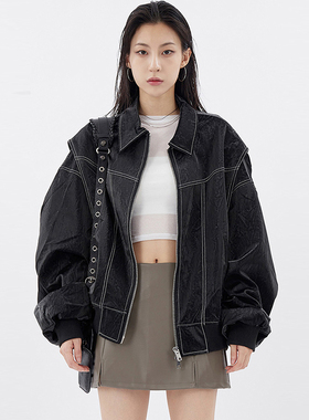 韩国代购Raucohouse Viper leather 2-way zip-up jacket长袖夹克