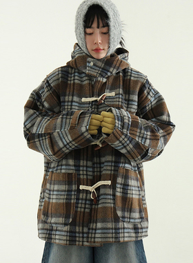 韩国代购25A/W check quilting duffle coat 夹棉格子连帽外套女