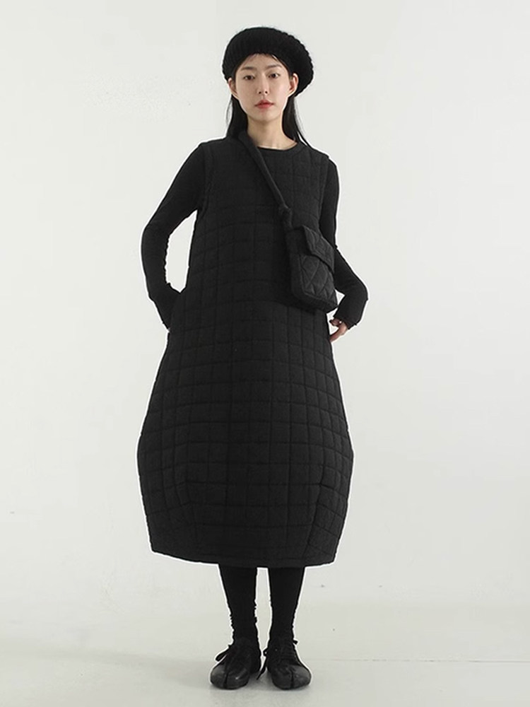 韩国代购quilting sleeveless balloon ops 设计师暗格夹棉连衣裙