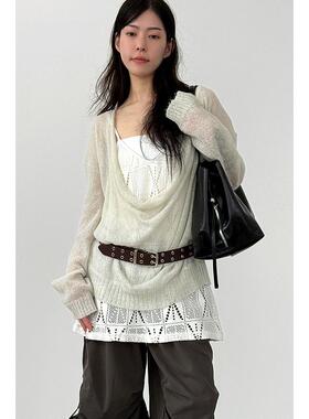 韩国代购26S/S alpaka draphed neck knit 设计师大U领薄透针织衫