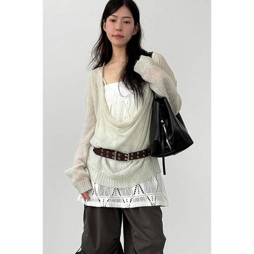 韩国代购26S/S alpaka draphed neck knit 设计师大U领薄透针织衫