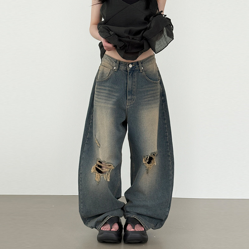 韩国代购25S/S damage sandy blue wide jean 水洗破洞牛仔裤百搭