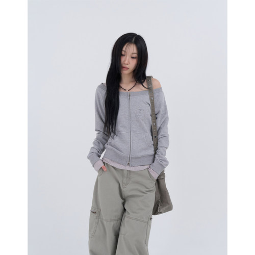 lowear韩代露肩长袖拉链衫