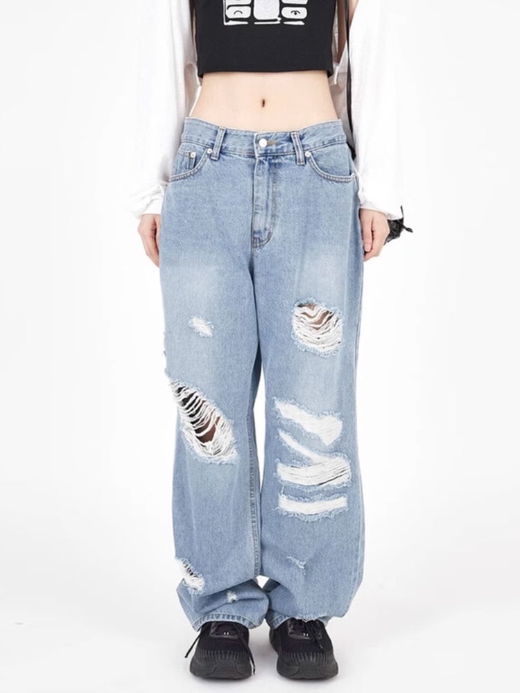 Raucohouse韩代休闲破洞牛仔裤