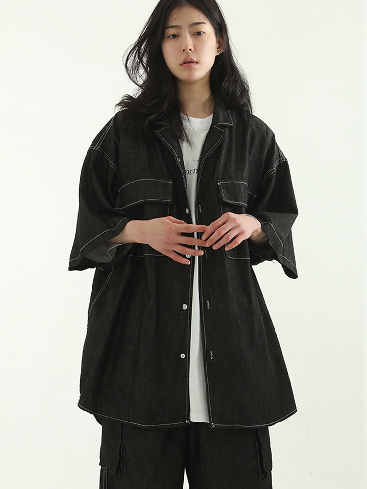 韩国代购23S/S oversize organic denim pocket shirt 牛仔衬衫女