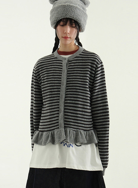 韩国代购25A/W stripe fleece frill cardigan 条纹长袖针织衫女