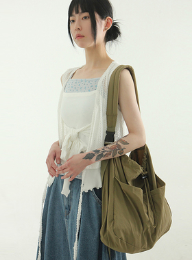 韩国代购24S/S paper two pocket string bag 复古抽绳单肩包百搭