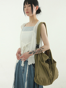 韩国代购24S/S paper two pocket string bag 复古抽绳单肩包百搭