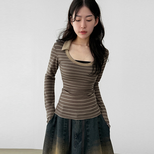 round collar 条纹翻领长袖 25F T恤 tee stripe 韩国代购 neck