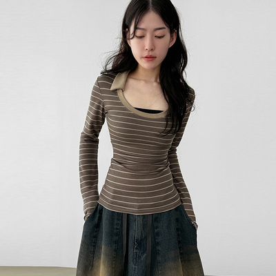 Localmansion韩代条纹翻领长袖T