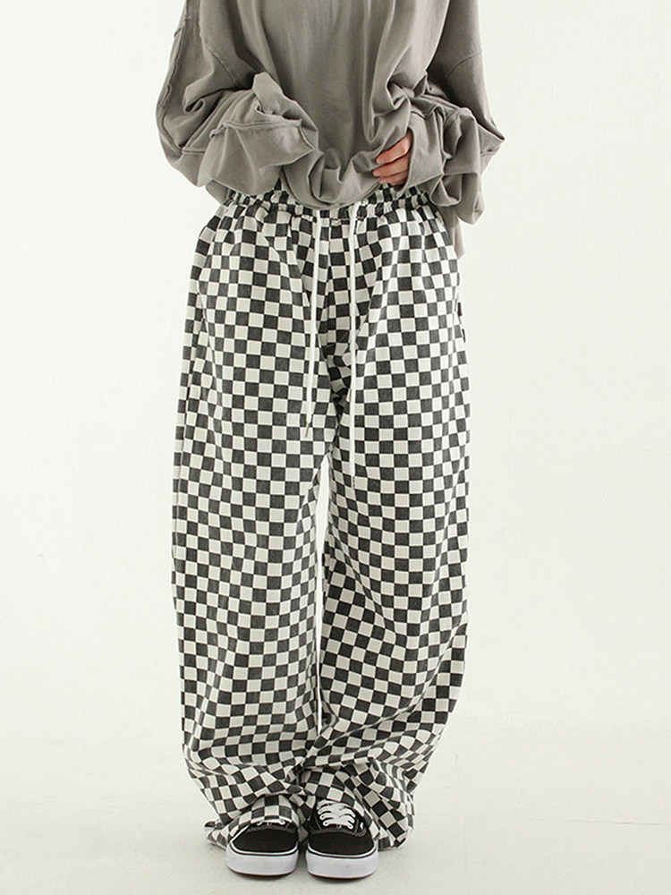 韩国代购 checker board cotton banding pants 抽绳黑白格子长裤