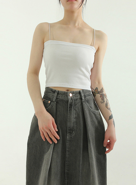 韩国代购23S/S string sleeveless cropped top 纯色吊带背心打底