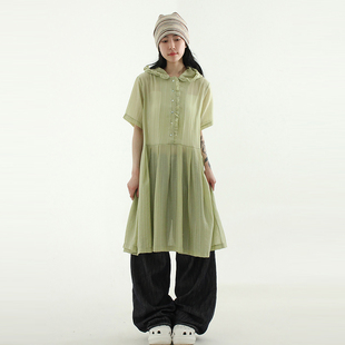韩国代购25S/S tencel pleated hood ops设计师款短袖连帽连衣裙