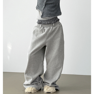 banding ribbon 卫裤 unisex pants wide waist double back 韩代