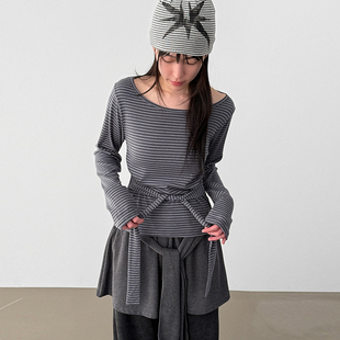 stripe strap tee 韩国代购 条纹圆领长袖 设计师款 T恤打底 26A