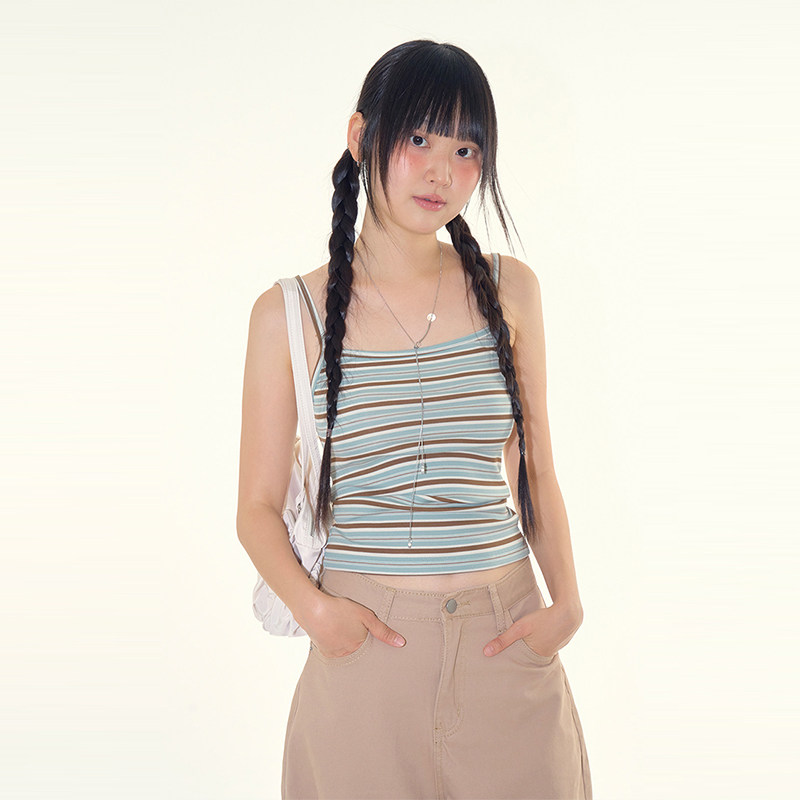 韩代Raucohouse Kiwi Strap Stripe Sleeves 条纹吊带背心百搭女