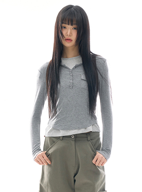 韩国代购Raucohouse Romi slim button tee 长袖修身T恤系扣百搭