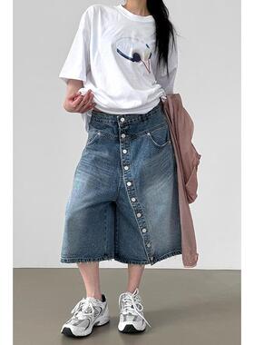 韩代26S/S oblique button denim bermuda pants(unisex)牛仔短裤
