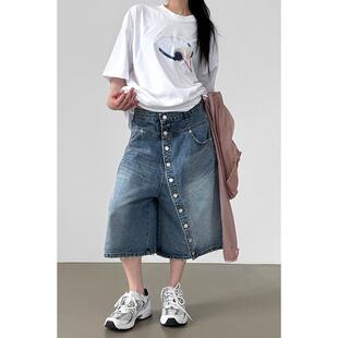 韩代26S/S oblique button denim bermuda pants(unisex)牛仔短裤
