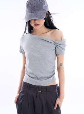 韩代Raucohouse Mood unbalanced off-shoulder shirring T-shirt