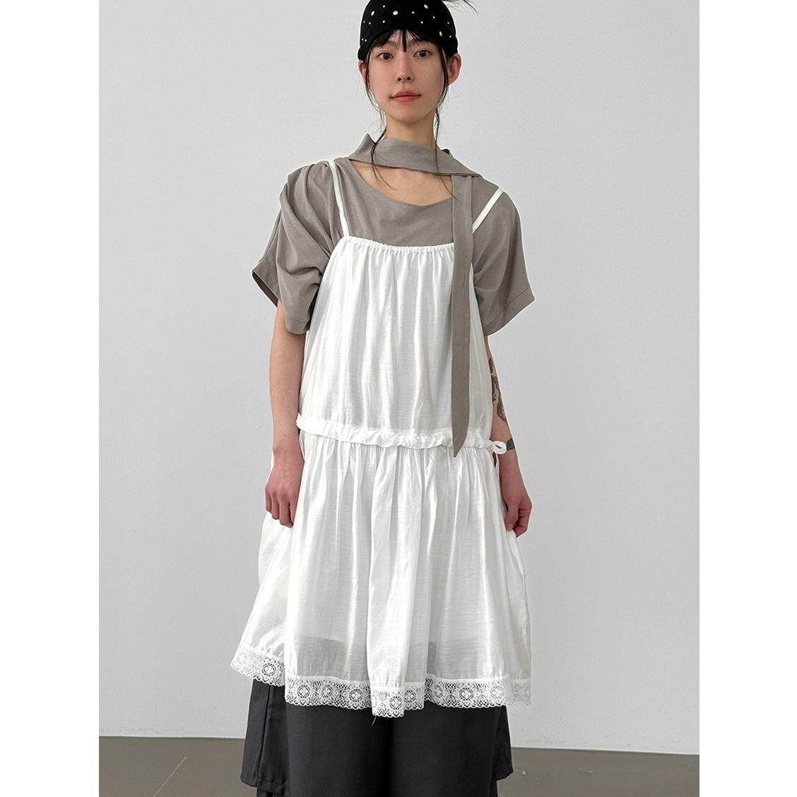 韩国代购26 tencel lace sleeveless midi ops 蕾丝吊带连衣裙女