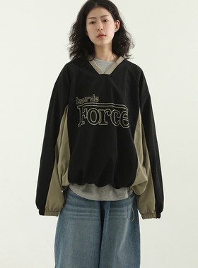 国内现货22F/W fleece-lined paper printed 拼接卫衣男女休闲v领