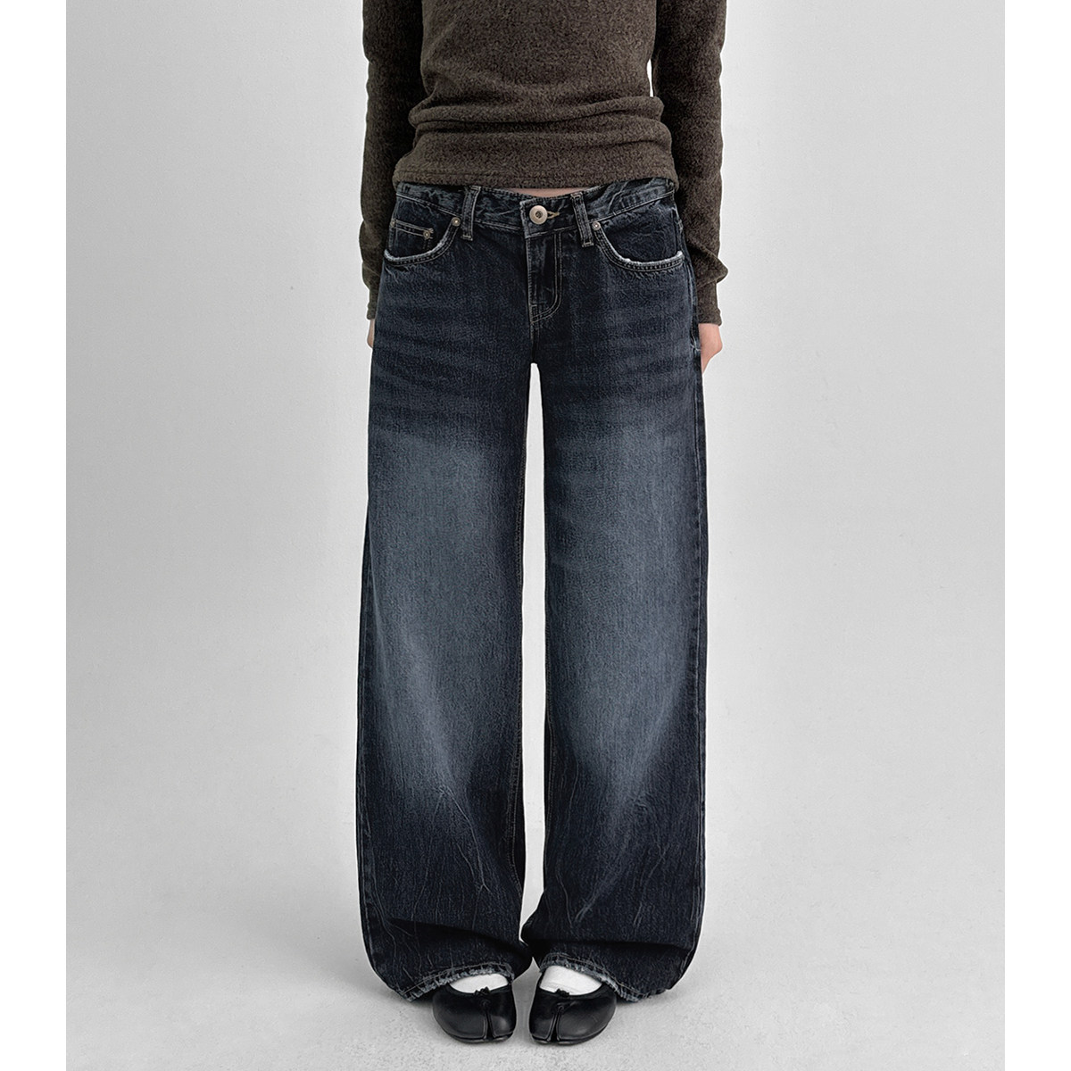 韩代26 Runel Low-waist Straight Denim Pants 水洗磨白牛仔裤