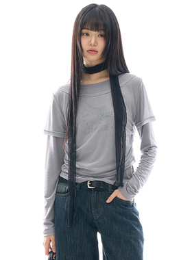 韩国代购Raucohouse Noen mesh wrap tee 双层叠穿字母长袖T恤女