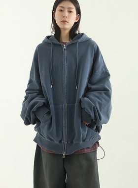 韩国代购23 oversize pigmented cotton hood zip-up做旧拉链帽衫