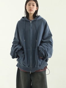 韩国代购23 oversize pigmented cotton hood zip-up做旧拉链帽衫