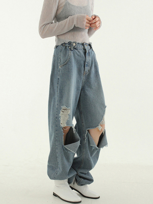 Localmansion韩代蓝色破洞牛仔裤