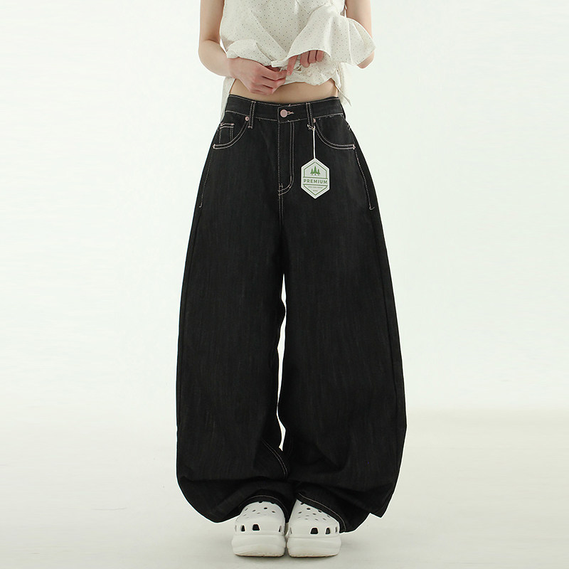 韩国代购25A/W non fade pink stitch black jean 黑色宽松牛仔裤