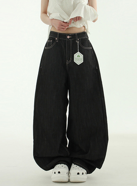 韩国代购25A/W non fade pink stitch black jean 黑色宽松牛仔裤