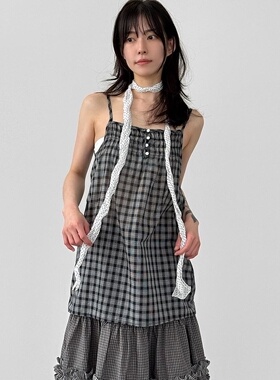 韩代26S/S check soft cotton sleeveless mini ops 格子吊带裙