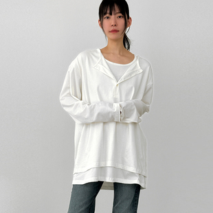 button neck tee 韩代26A 假两层宽松长袖 layered unisex T恤