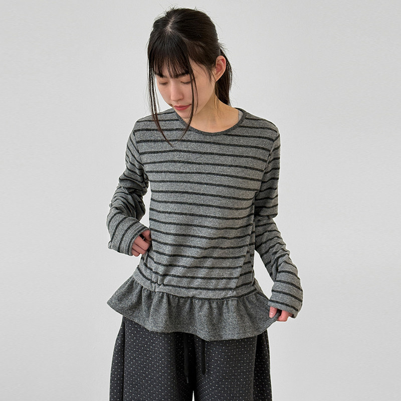 韩国代购26A/W stripe fleece frill tee设计师荷叶边条纹长袖T恤