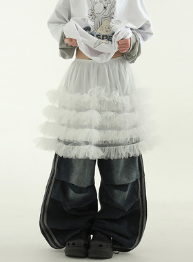 韩国代购25 chiffon frill can-can banding midi skirt 半身纱裙