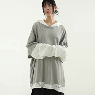 韩国代购24 damage layered cotton hoody(unisex)连帽假两件卫衣