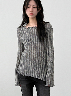 韩国代购25F/W vertical pattern wave unbal knit微透竖纹针织衫