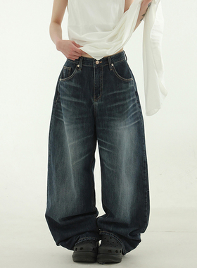 韩国代购24S/S dark blue washed jean 设计师猫须水洗落色牛仔裤