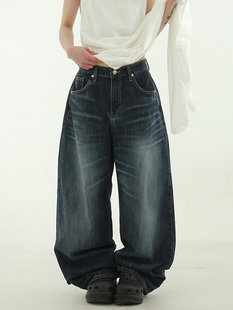 dark blue washed 韩国代购 设计师猫须水洗落色牛仔裤 jean 24S