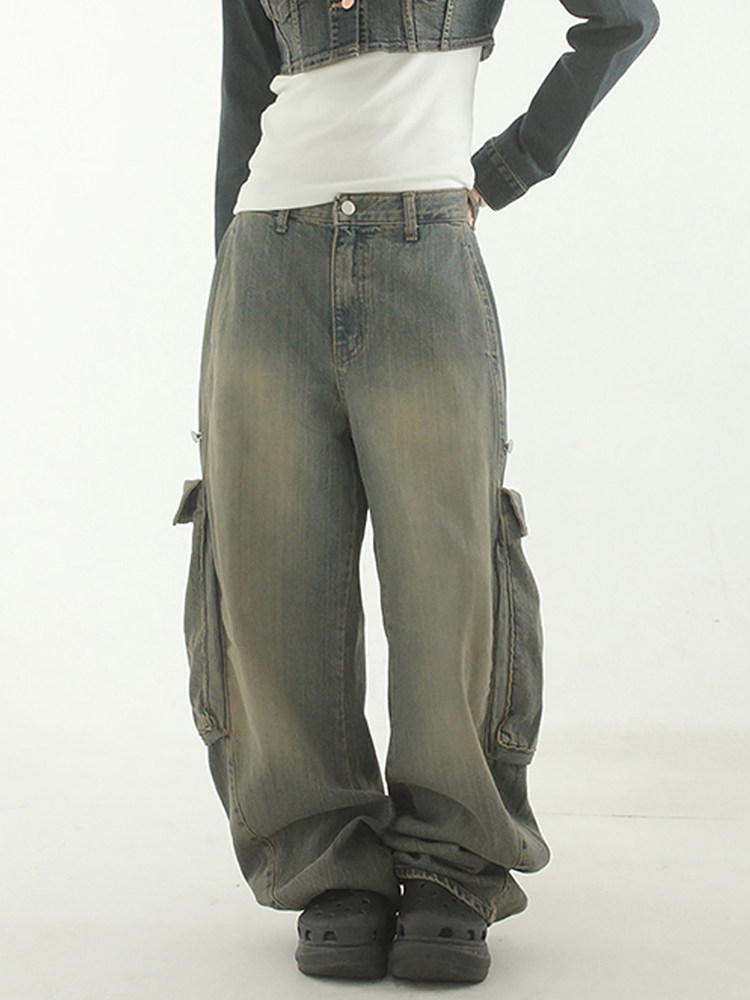 韩国代购khaki blue pocket curved jean 设计师卡其蓝工装牛仔裤