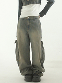 khaki 牛仔裤 blue curved 韩国代购 设计师卡其蓝工装 pocket jean