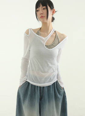 韩国代购24 unbal neck see-through layered tee 半透不规则长袖