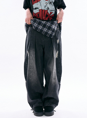 韩代Raucohouse Stillwell distressed wide denim水洗破洞牛仔裤