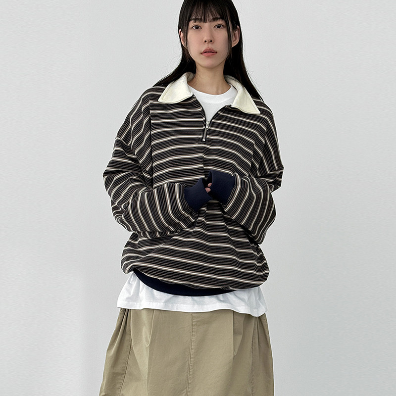Localmansion韩代条纹翻领卫衣