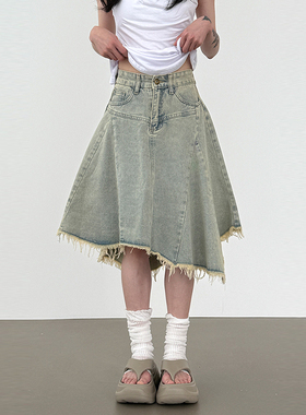 韩代25 sandy blue tassel unbal denim midi skirt水洗牛仔半裙